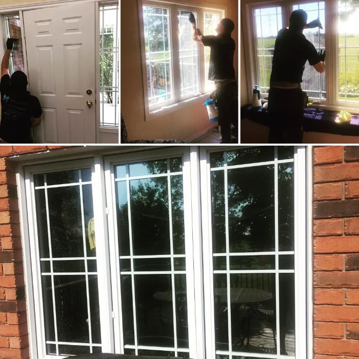 Residential window film installation, interior work and the finished patio doors