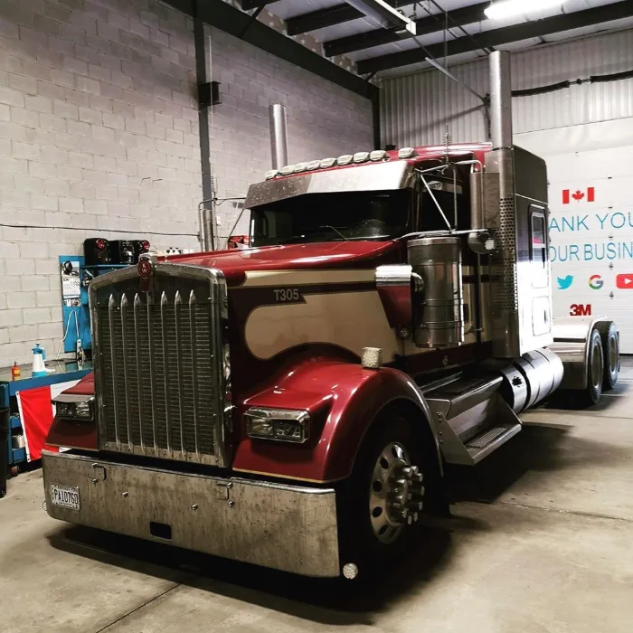Transport truck in the Skyline Reflections shop after tinting work